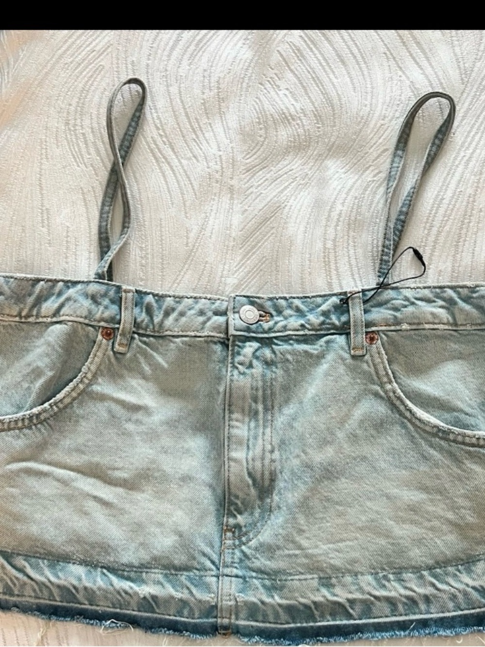 Zara Light Blue Denim Mini Crop Top with Spaghetti Straps